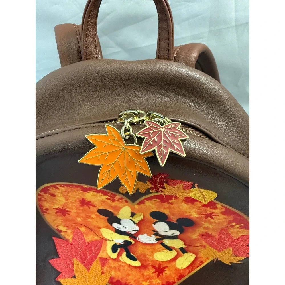 Disney Loungefly Mickey Minnie Mouse Fall Leaves Mini Backpack Brown Collectible